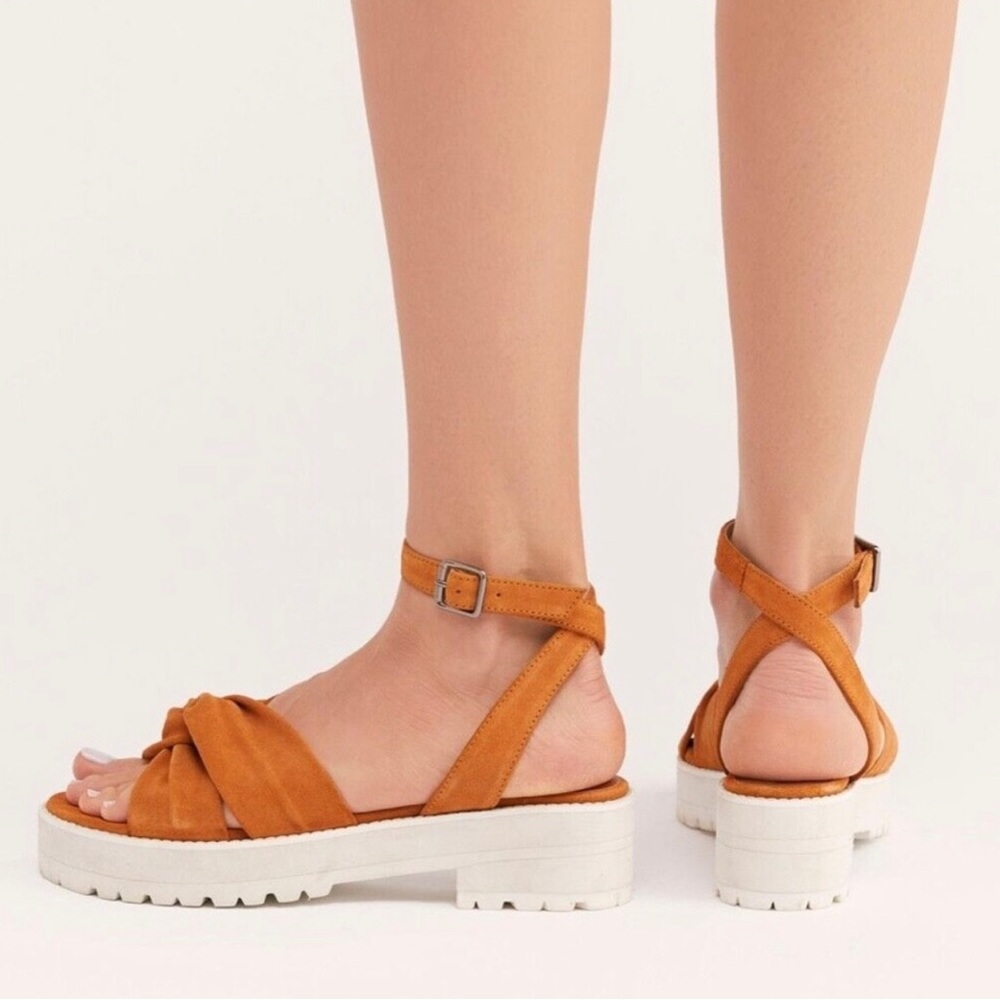 Free People Essex Sandal Boho Chunky Heel Suede Leather Ankle Tie Size 38